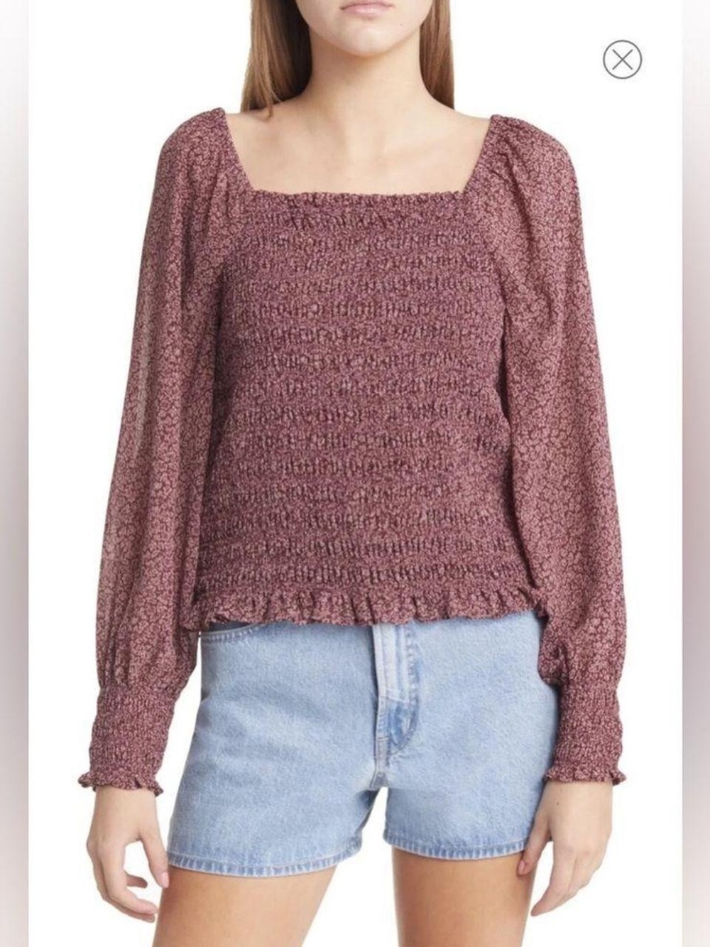 Madewell Lucie Top Mauve Floral Smocked Square-Neck Blouse